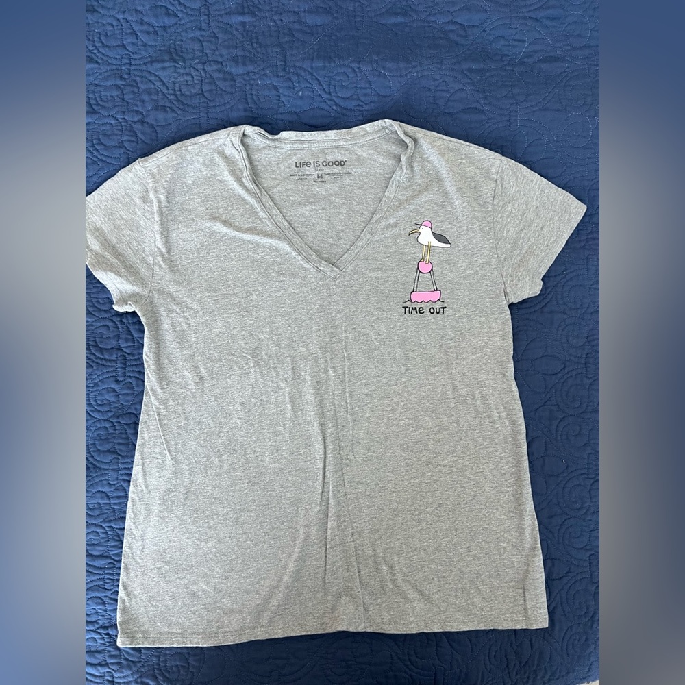Size medium ladies life is good vneck with logo on left chest of seagull